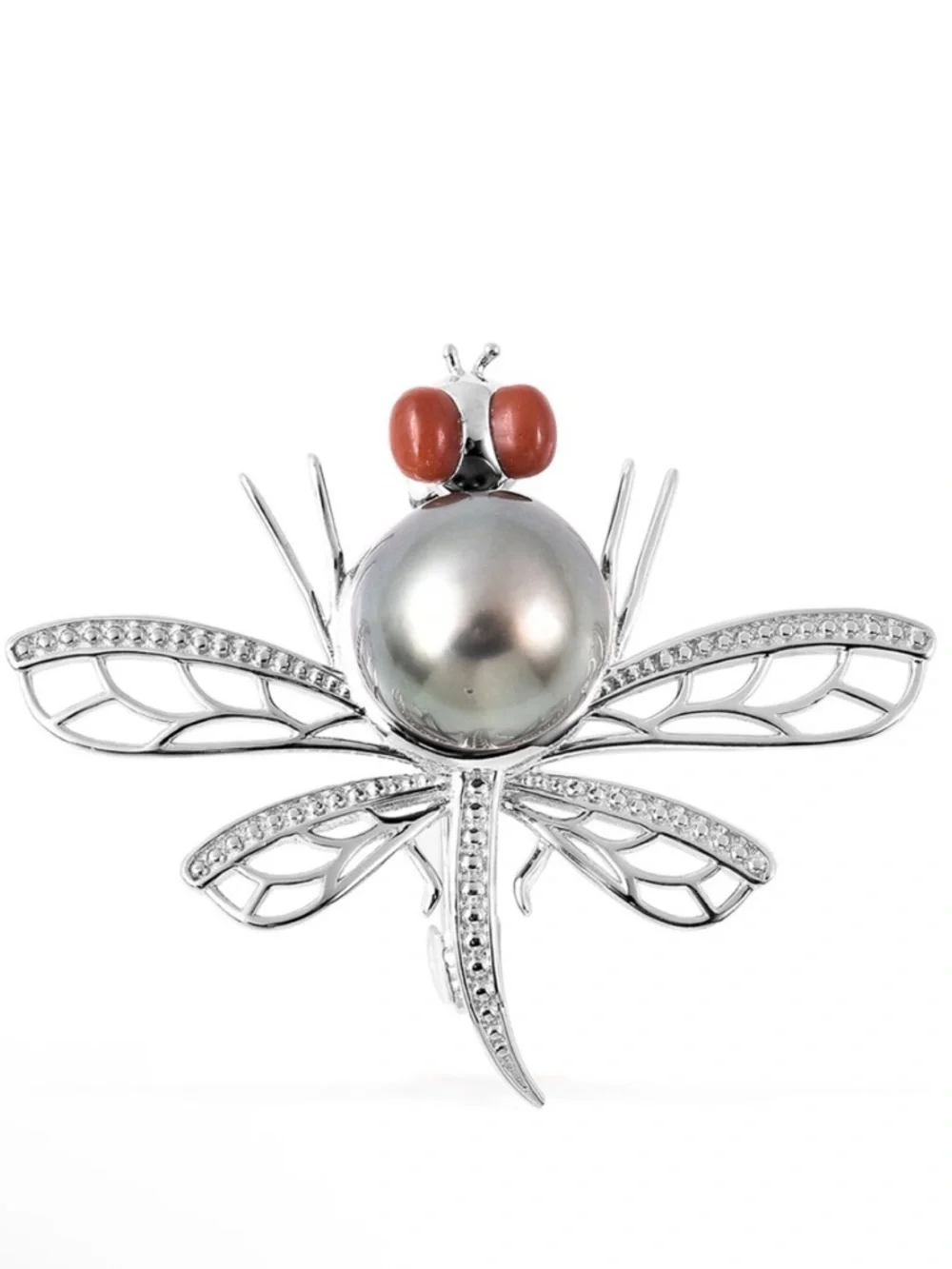 Tahitian Pearl & Red Jade Dragonfly Pendant/Brooch